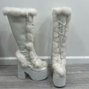 Faux fur knee high white boots